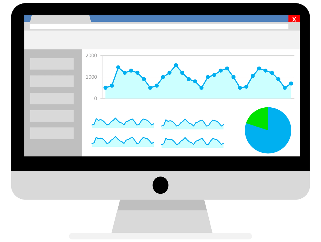 Stylized photo of computer with a website open with analytics on it