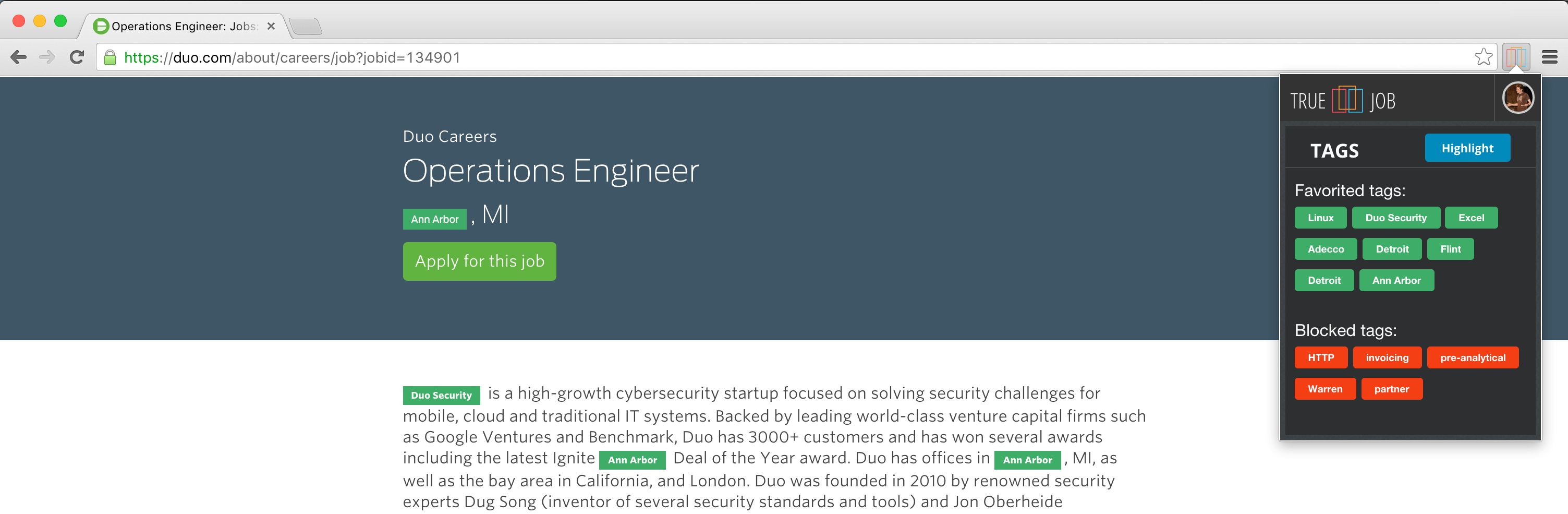 Screenshot of TrueJob chrome extension being used on a job posting page