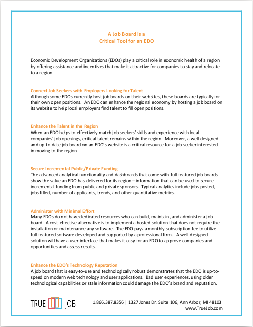 Picture of the first page of our whitepaper for Economic Development Organizations on how a job board can be a critical tool for success